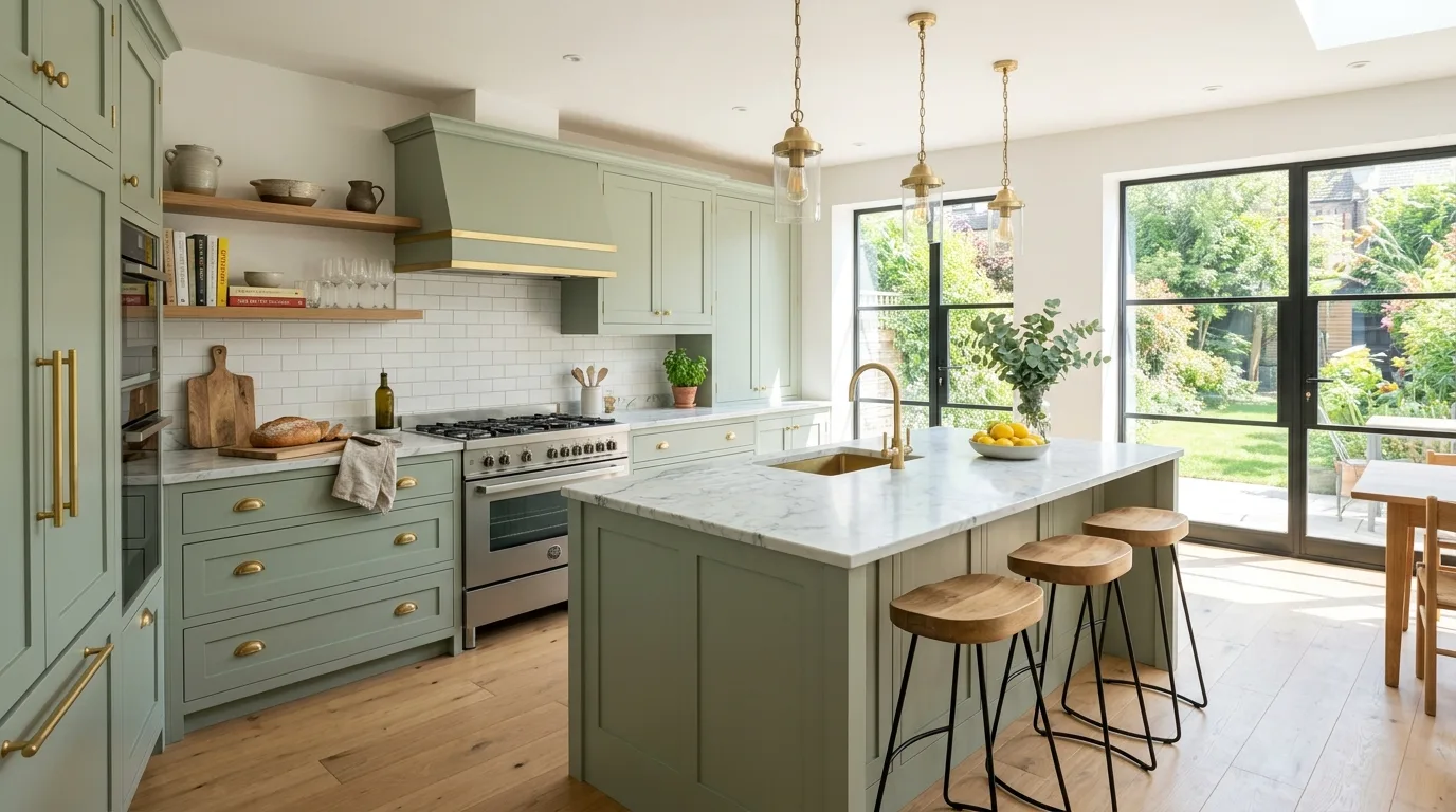 Kitchen with sage green cabinets, marble counters, and brass hardware