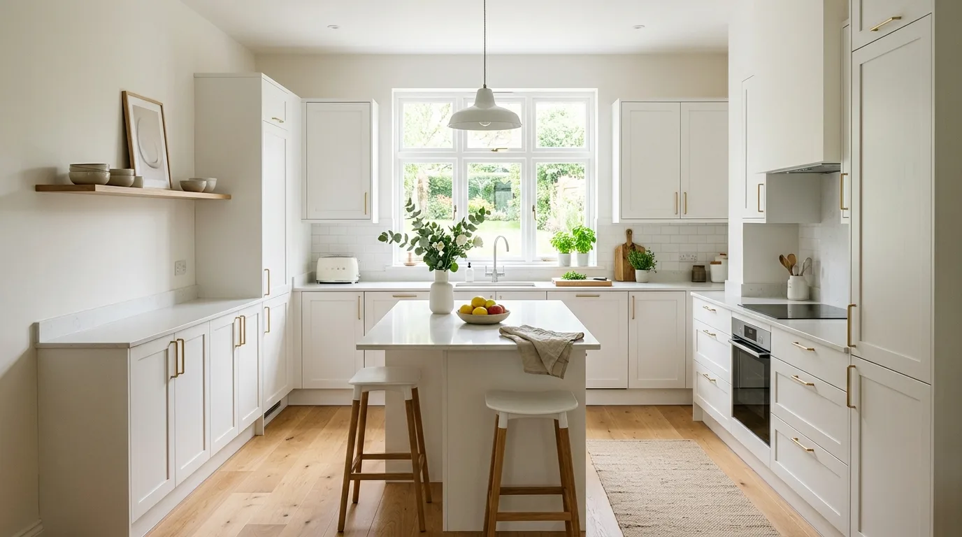 Bright kitchen with crisp white cabinets and natural daylight