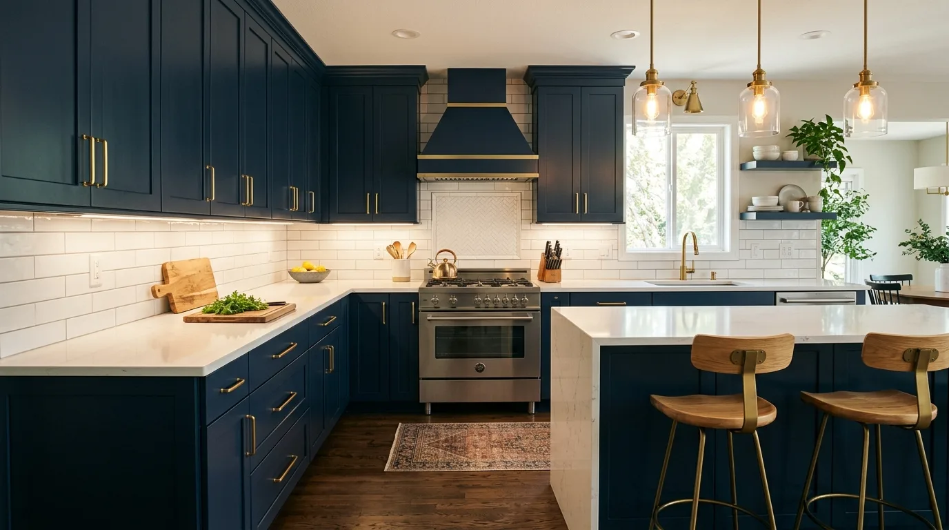 Stylish kitchen with navy blue cabinets and gold handles