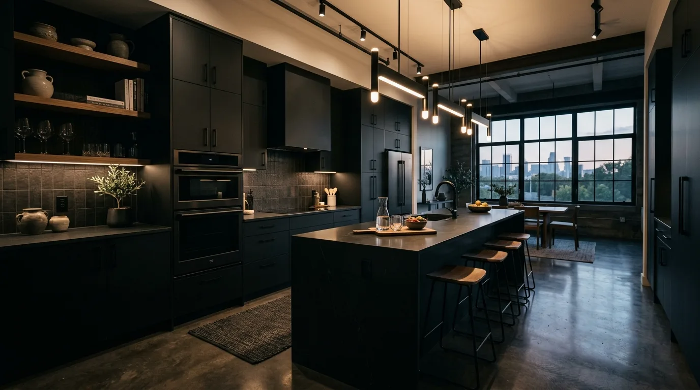 Contemporary kitchen with matte black cabinets and sleek finishes