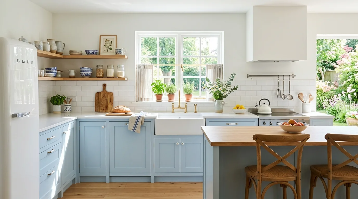 Fresh kitchen with pastel blue cabinets and white countertops
