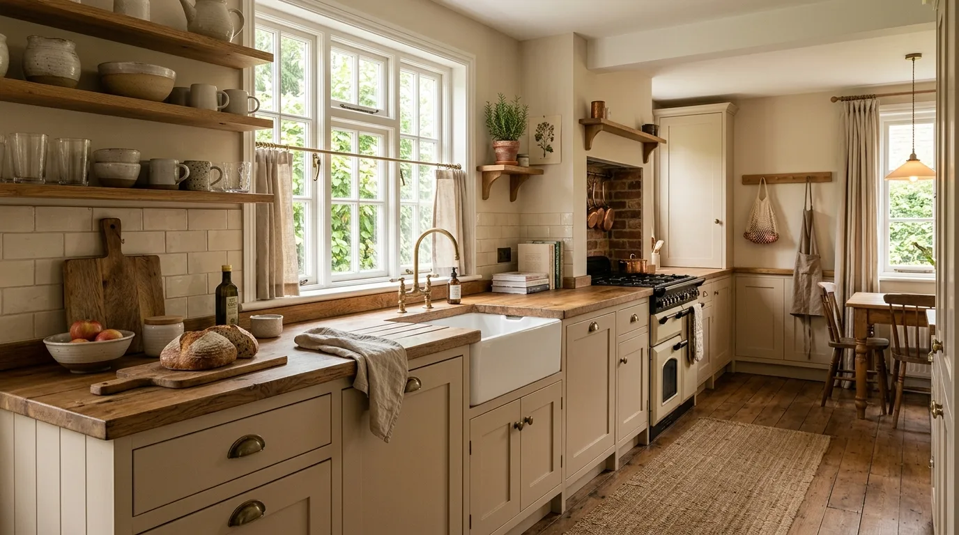 Cozy kitchen with warm beige cabinets and wood accents