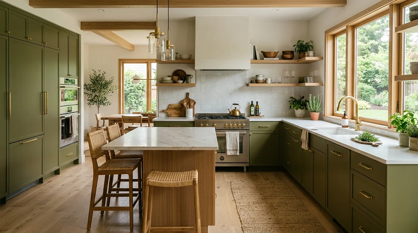 Modern kitchen with olive green cabinets and brass fixtures