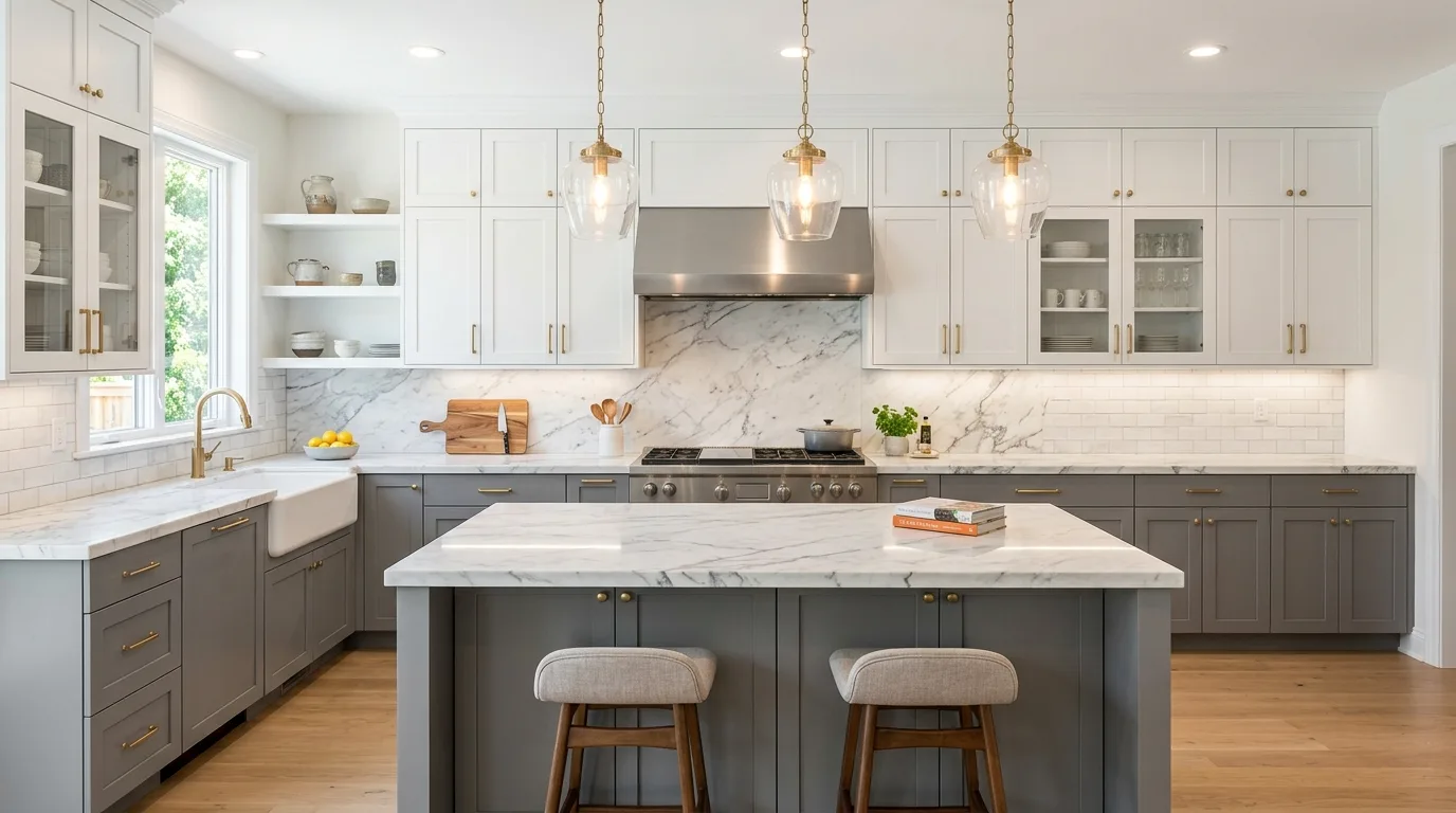 Chic kitchen with white upper cabinets and gray lower cabinets