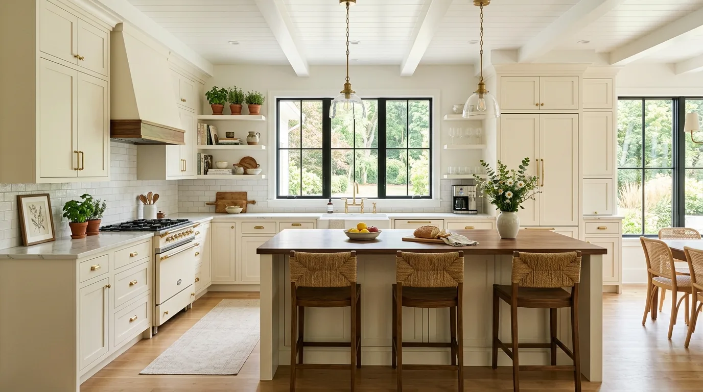 Light airy kitchen with cream-colored cabinets and bright daylight