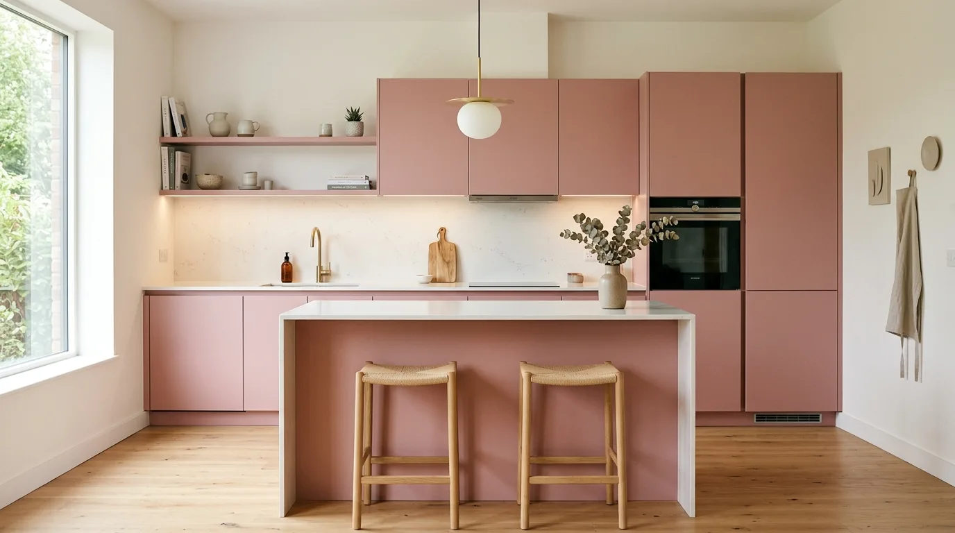 Modern kitchen with dusty pink cabinets and minimalist decor