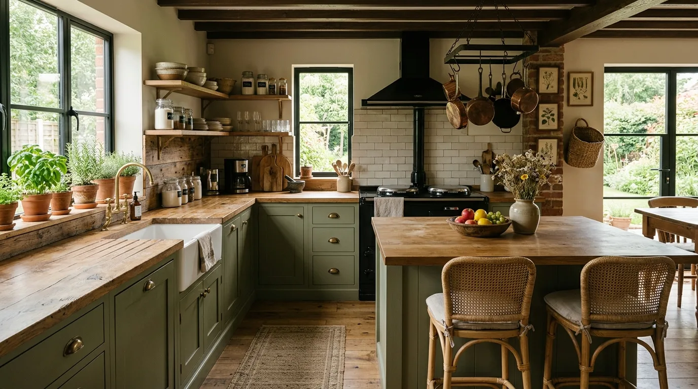 Rustic-modern kitchen with muted green cabinets and wood countertops