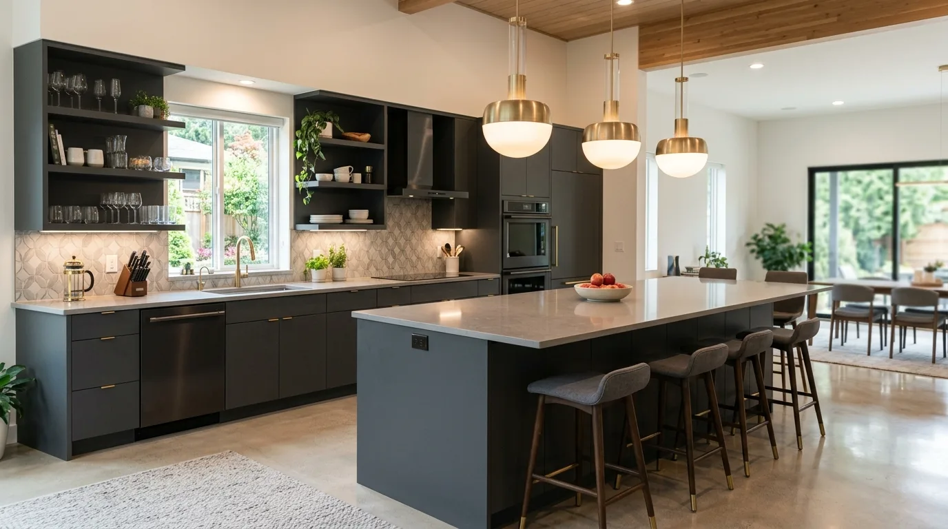 Contemporary kitchen with charcoal gray cabinets and metallic accents