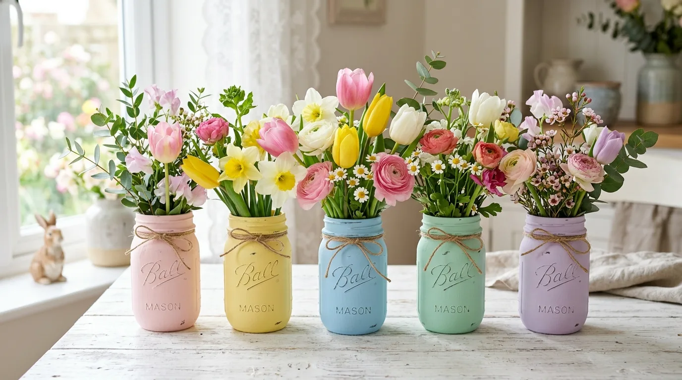 Pastel mason jars with spring flowers for Easter decor