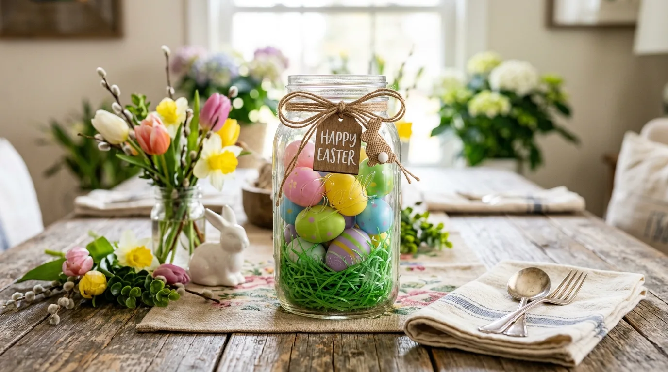 Mason jar Easter centerpiece with colorful eggs and faux grass