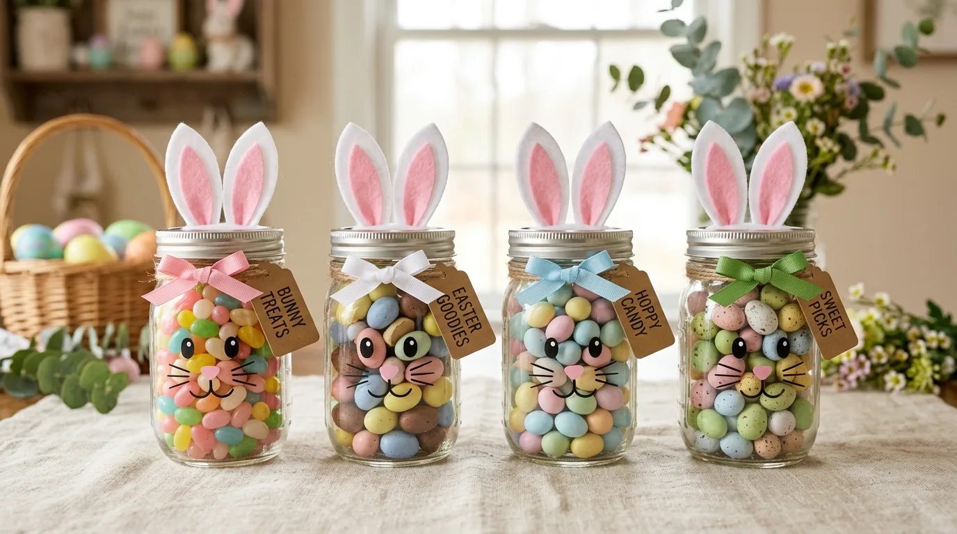 Mason jars decorated with bunny faces and filled with candy