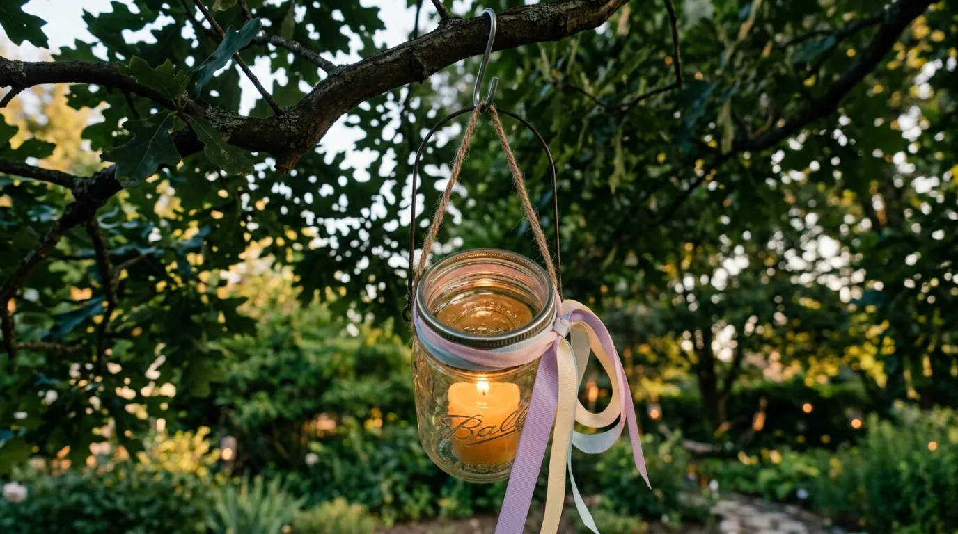 Hanging mason jar lantern with pastel ribbon and candle