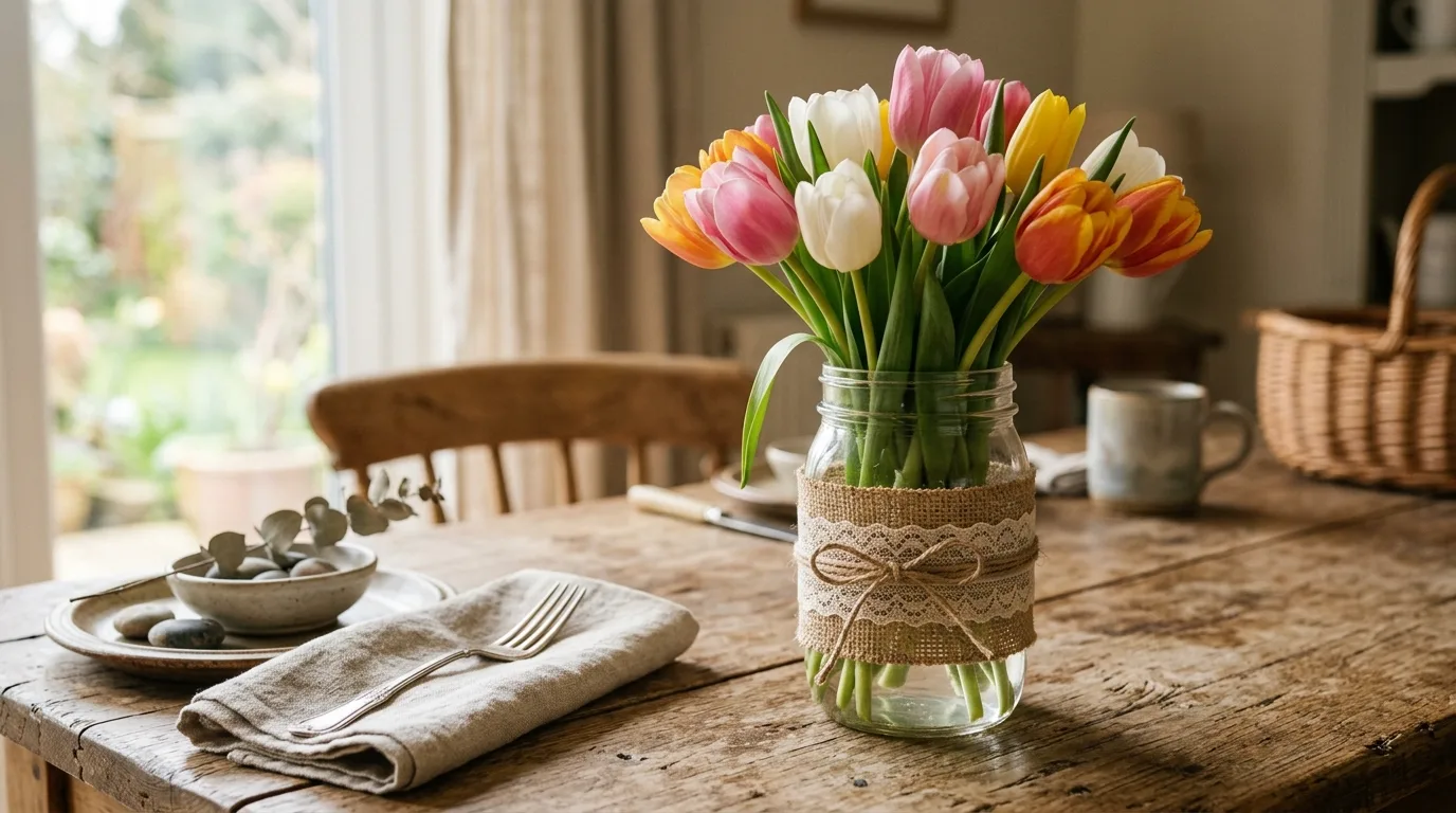 Mason jar wrapped in burlap and lace filled with tulips