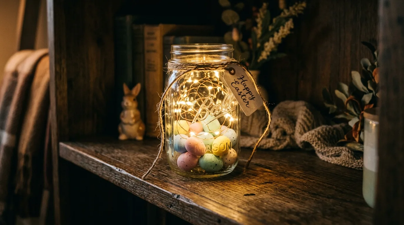 Mason jar with fairy lights and pastel eggs glowing on a shelf