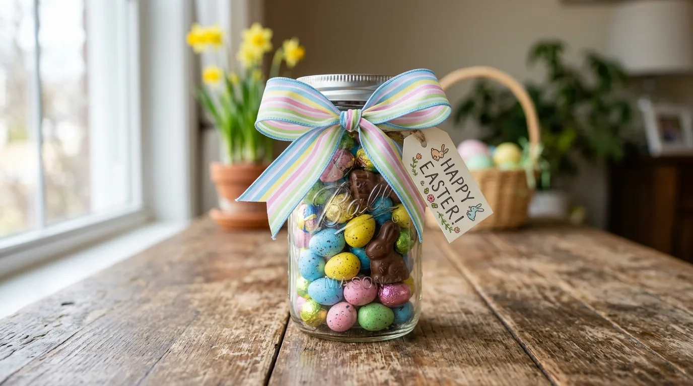 Mason jar Easter gift filled with chocolates and pastel ribbon
