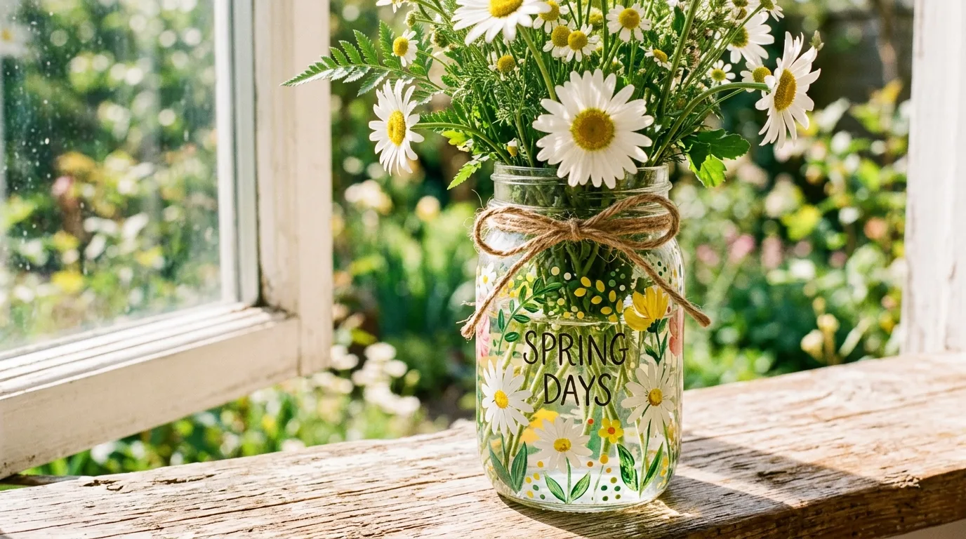 Spring mason jar with painted floral patterns and fresh daisies