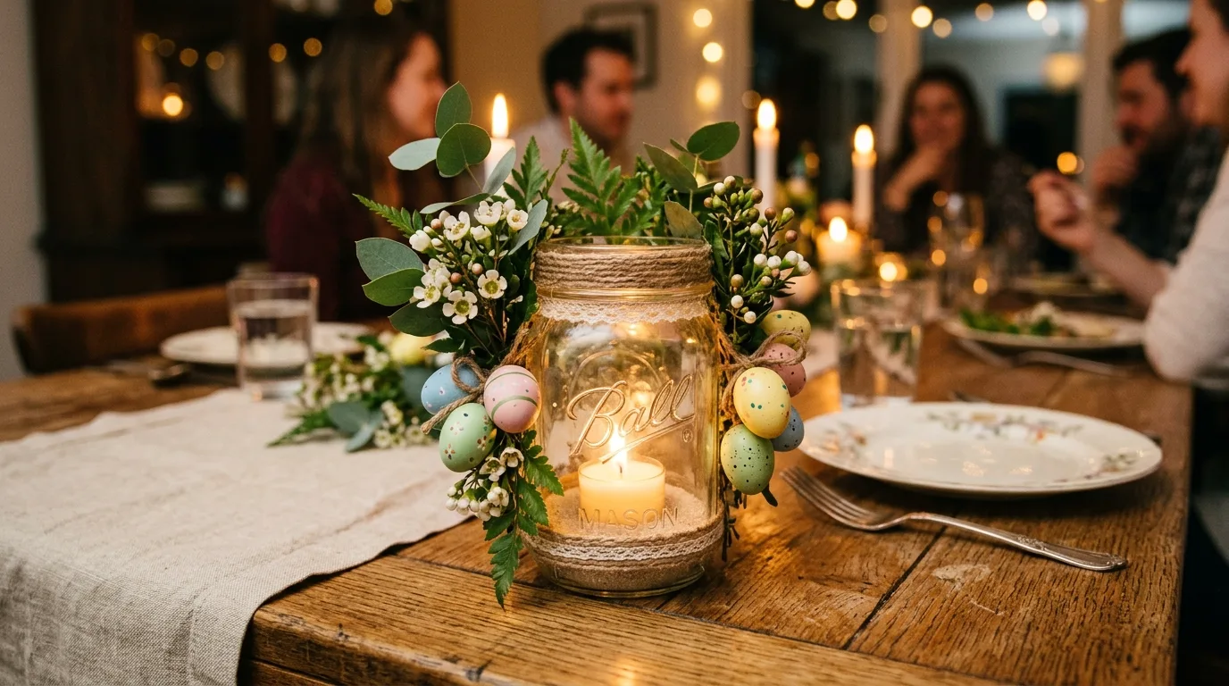 Mason jar candle holder decorated with Easter eggs and greenery