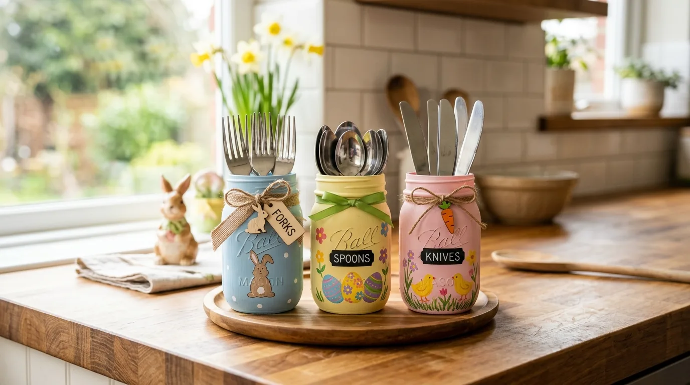 Mason jars used as Easter-themed utensil holders on a kitchen counter