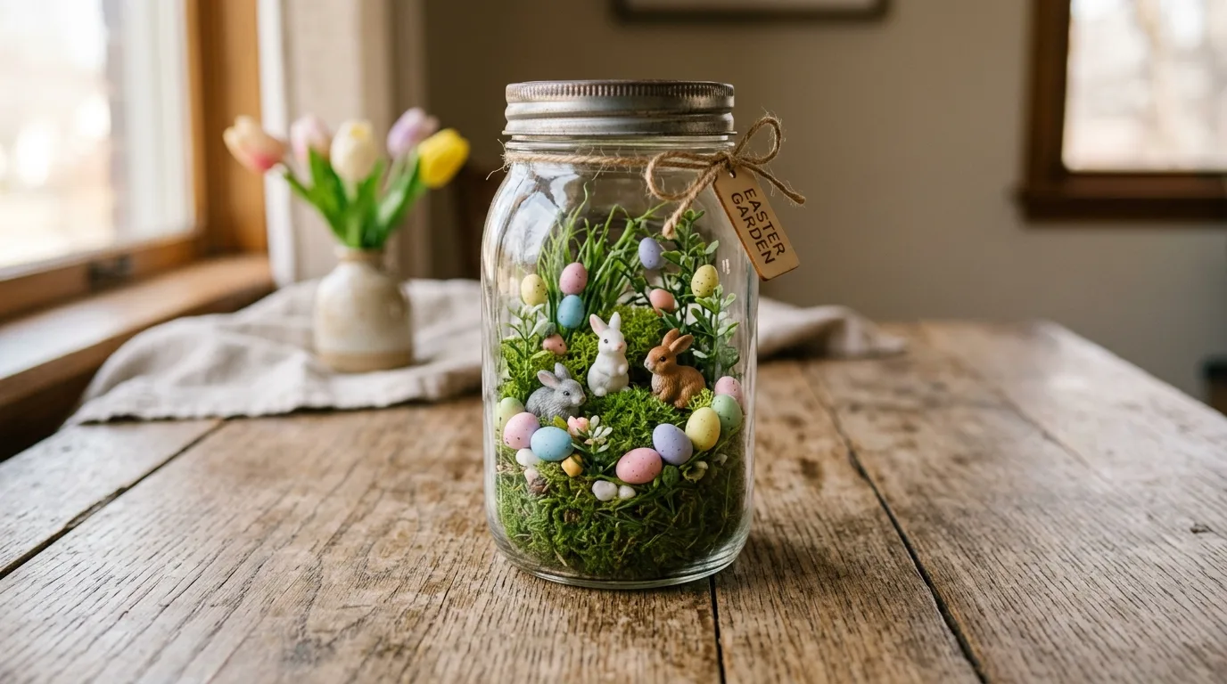 Mason jar Easter terrarium with faux grass, bunny figurines, and eggs