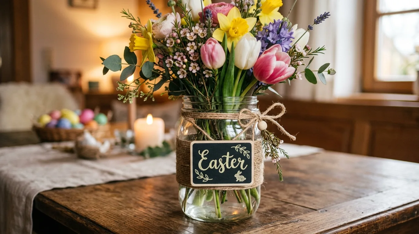 Rustic mason jar with chalkboard Easter label and spring flowers