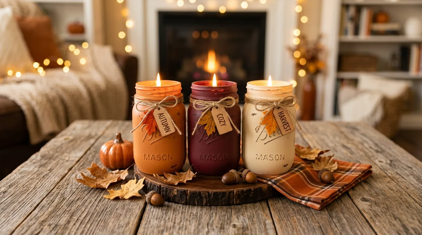 Mason jars painted in warm fall colors on a rustic table