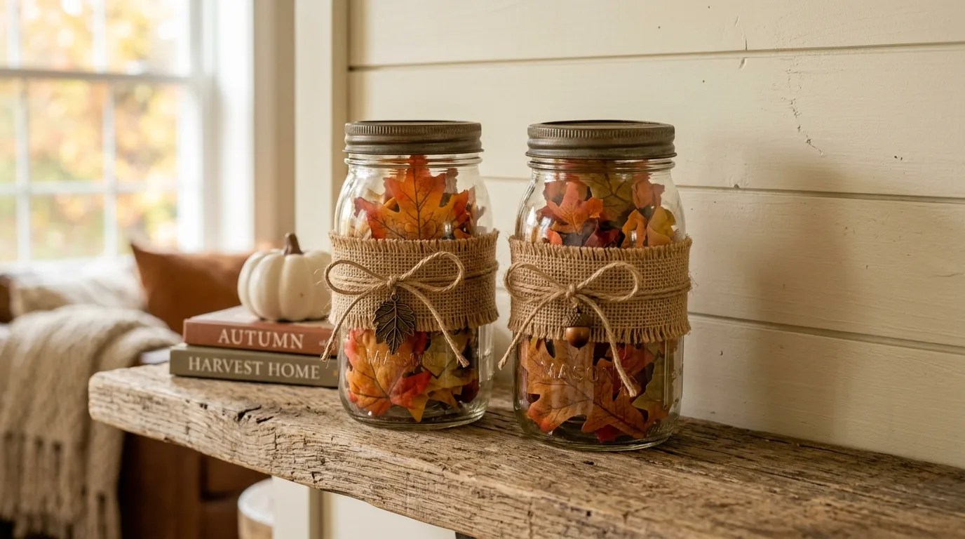 Mason jars filled with faux fall leaves and ribbon