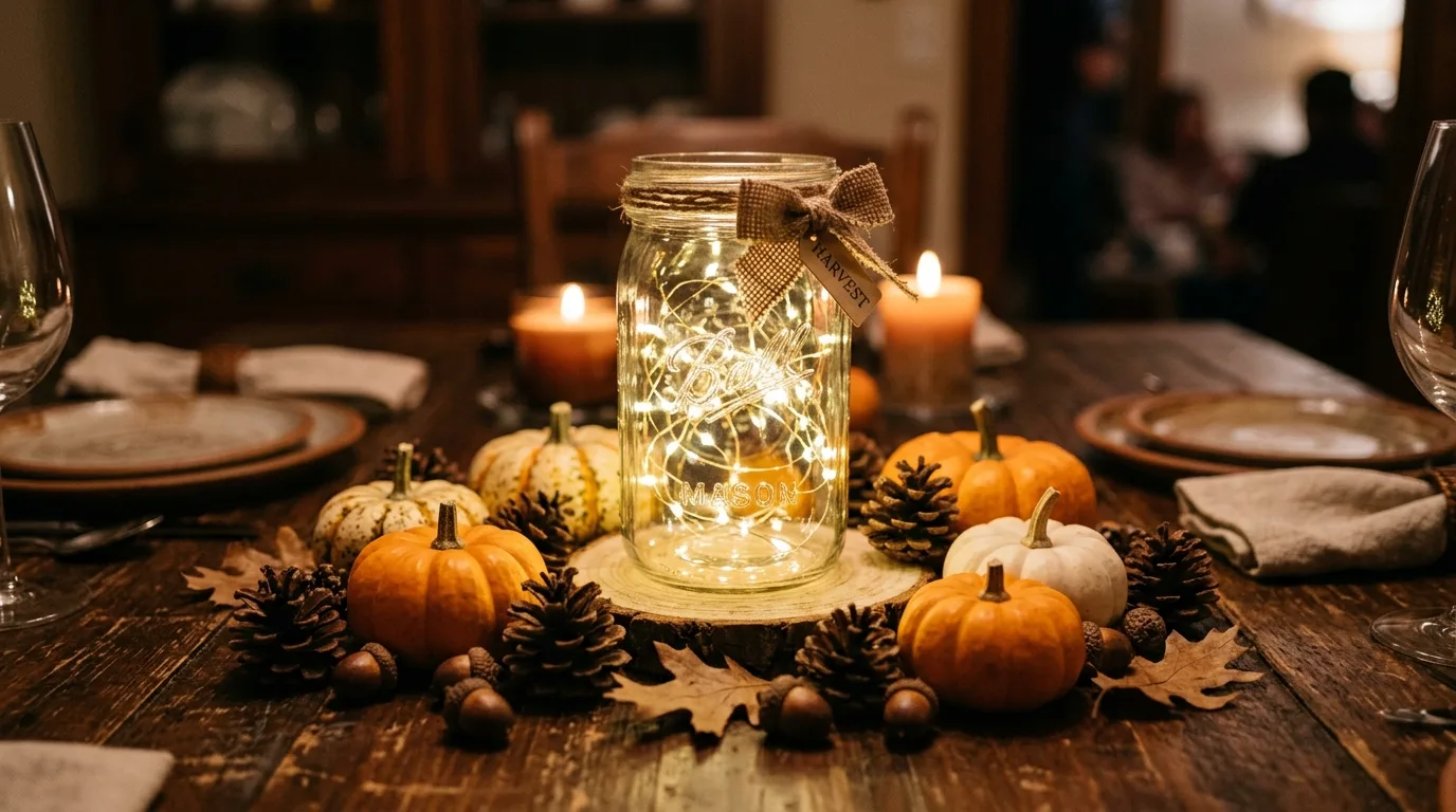 Mason jar centerpiece with fairy lights and mini pumpkins