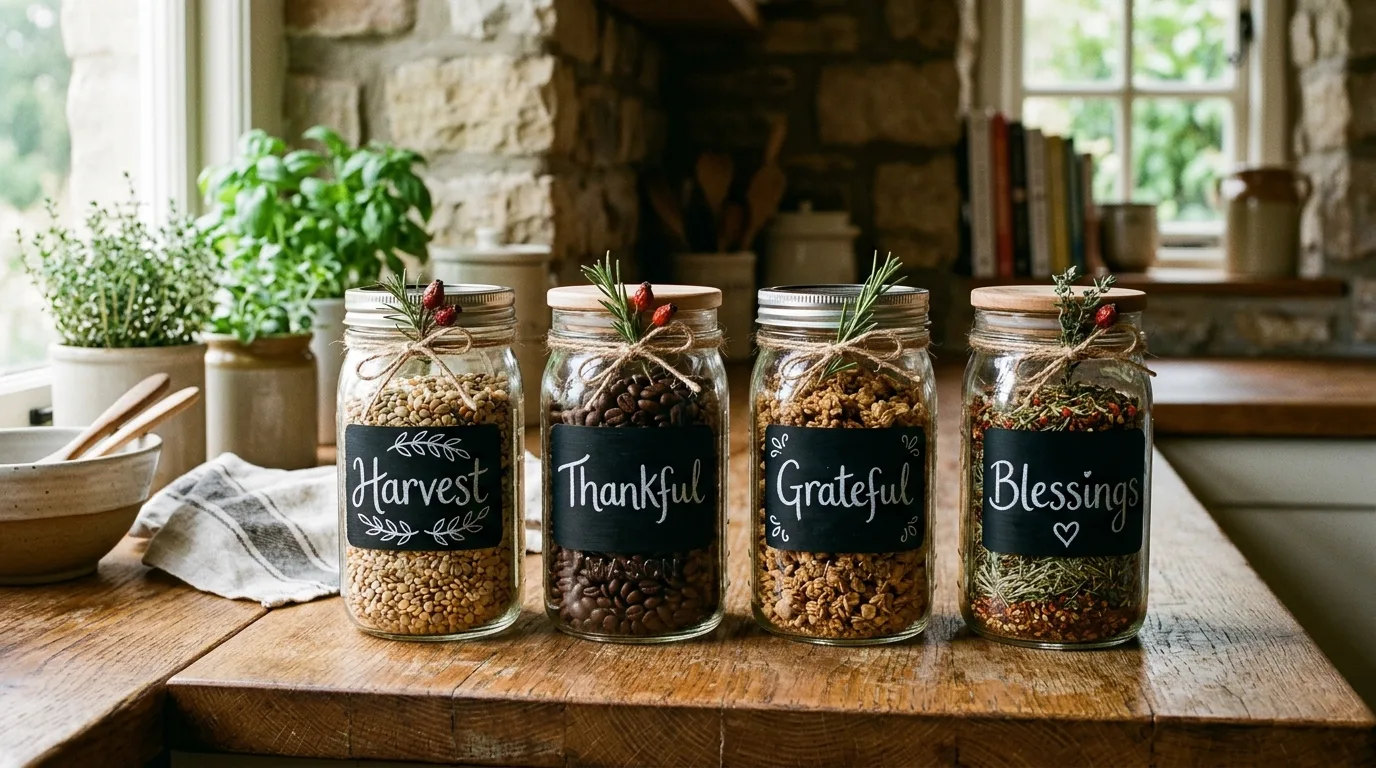 Mason jars with chalkboard labels for fall kitchen decor