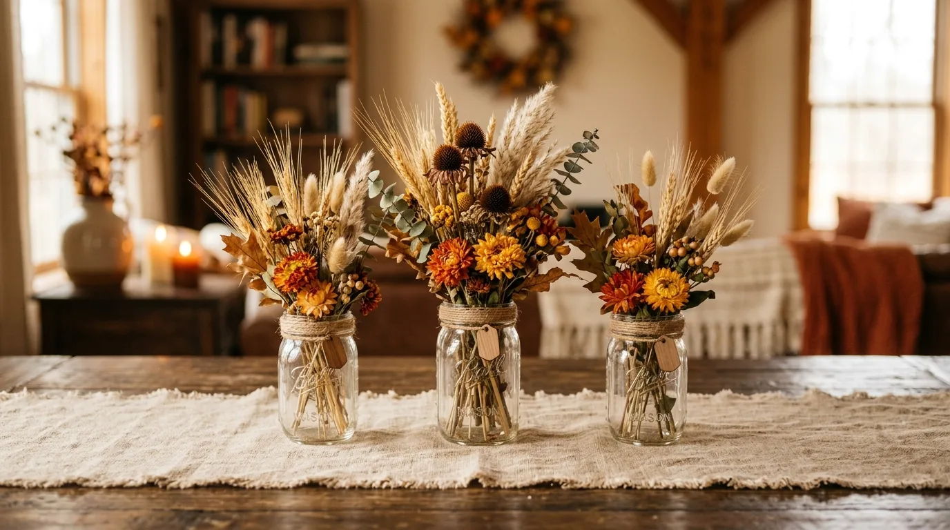 Mason jars filled with dried wheat and autumn flowers