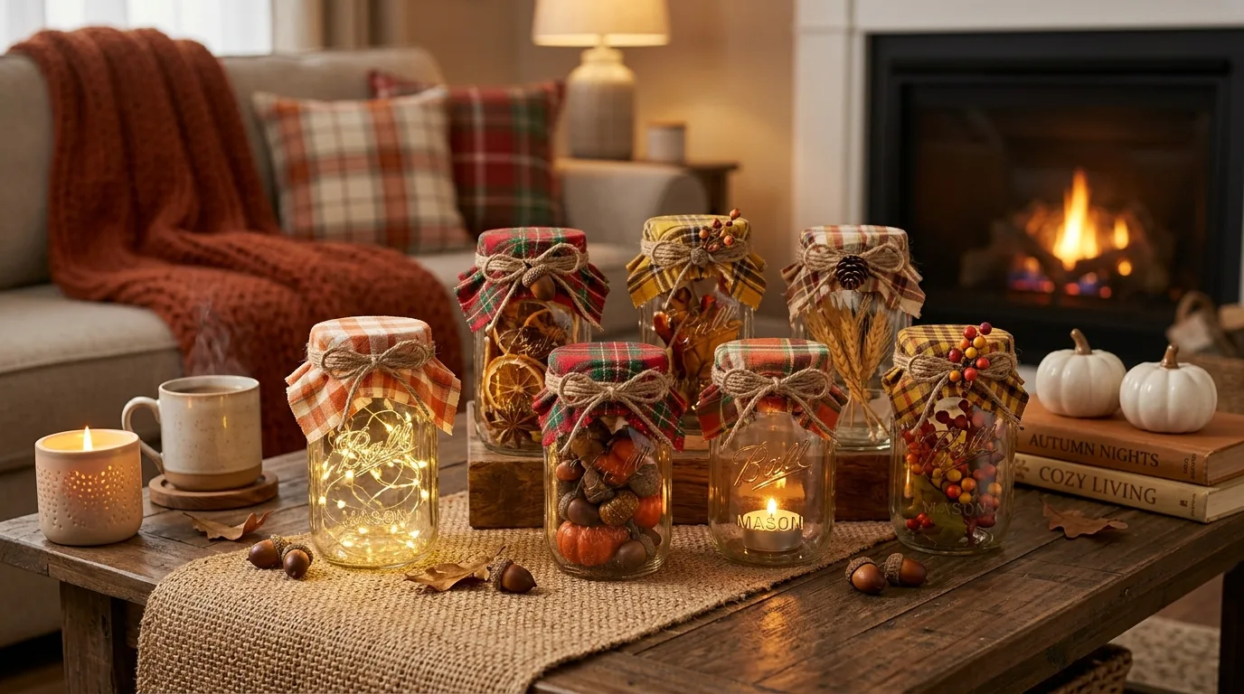 Mason jars decorated with plaid lids and twine