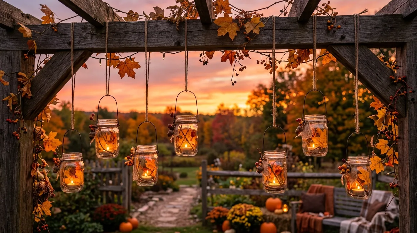 Hanging mason jar lanterns glowing outdoors at sunset