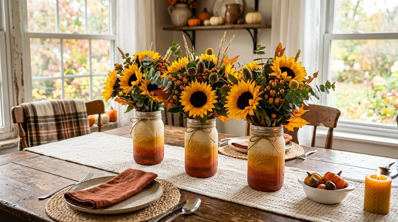 Ombre painted mason jars used as sunflower vases