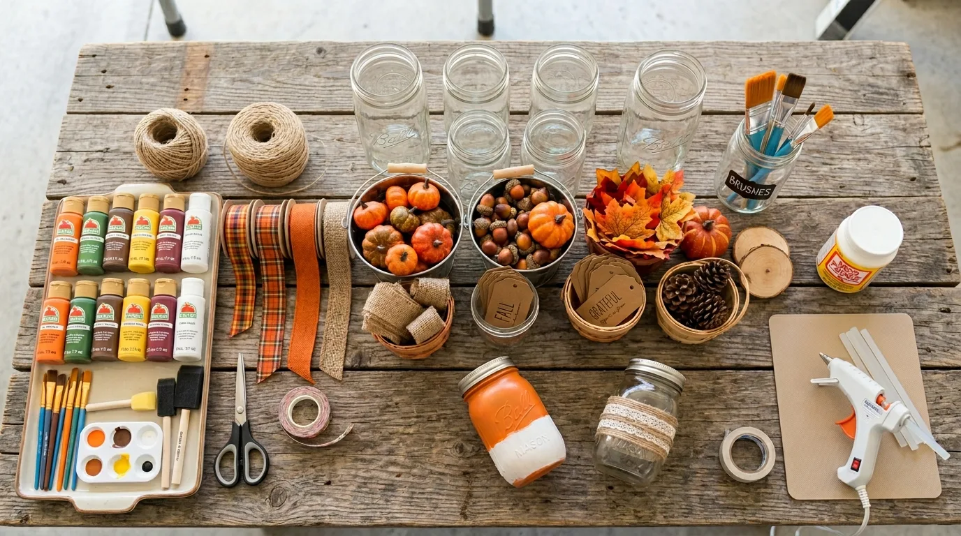 Mason jar fall craft supplies arranged on a wooden table