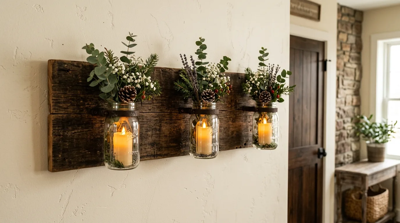 Rustic mason jar wall sconce with candles and greenery