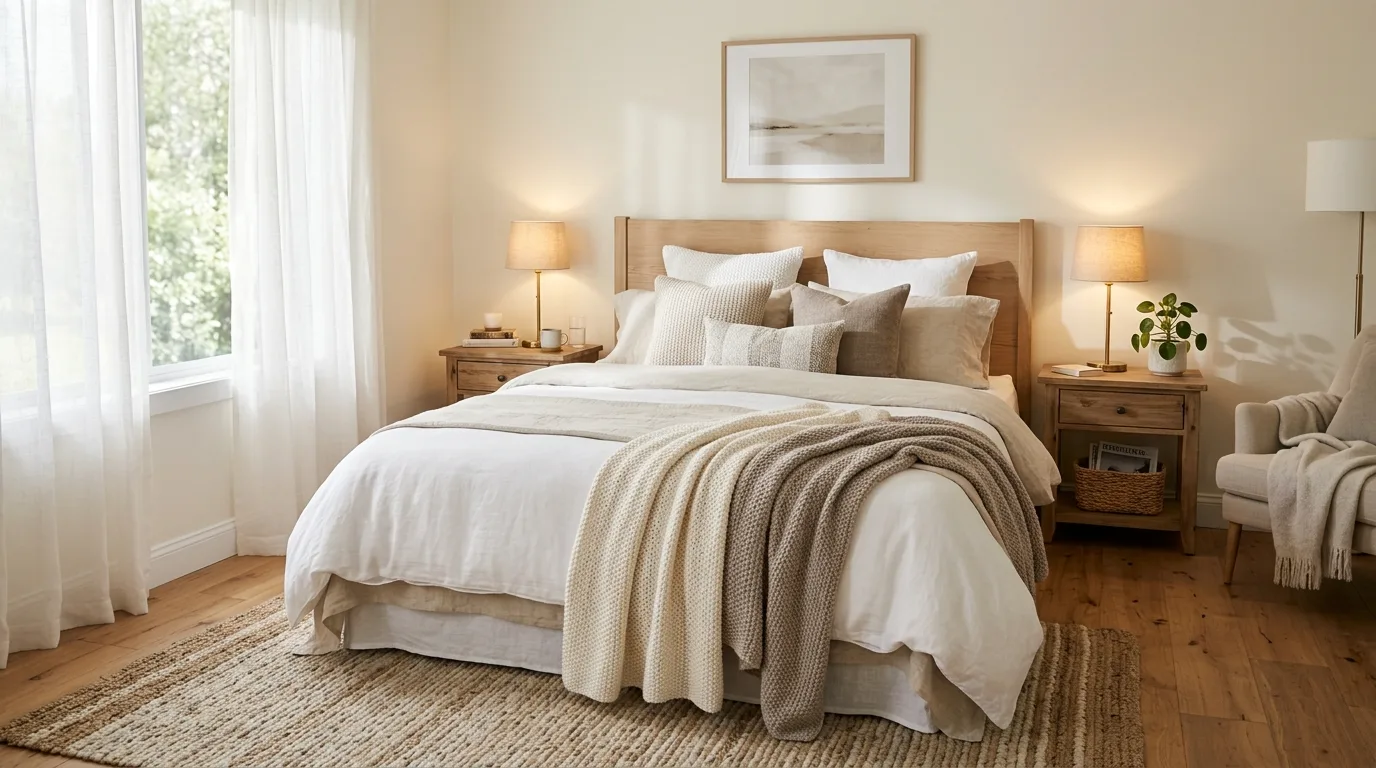 Cozy master bedroom with neutral bedding and warm layered blankets