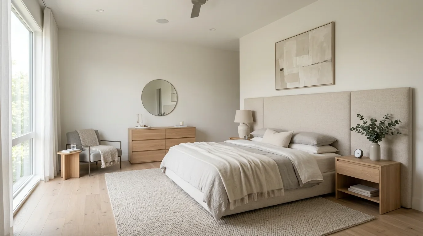 Modern master bedroom with white walls, wood furniture, and natural daylight