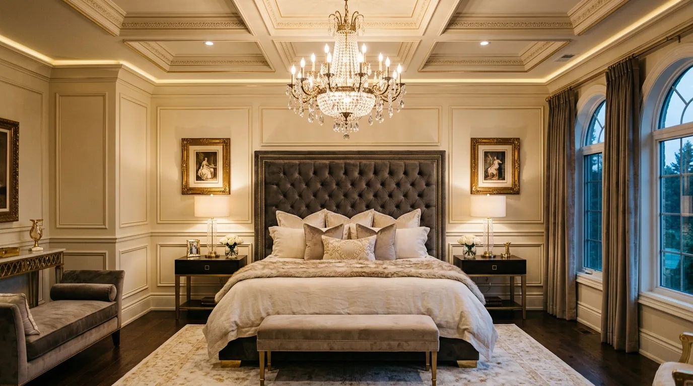 Luxury master bedroom with tufted headboard and gold accents