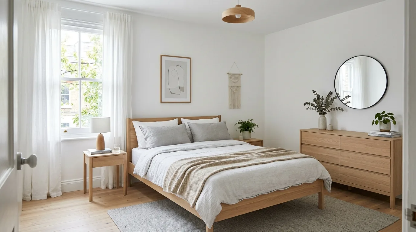 Scandinavian-style master bedroom with light wood tones and white linens