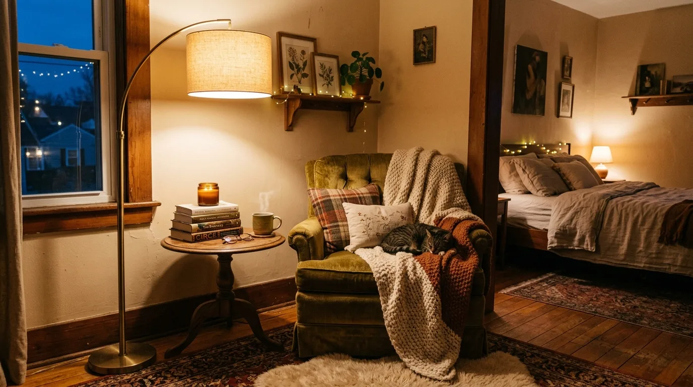 Cozy bedroom corner with reading chair, floor lamp, and blanket