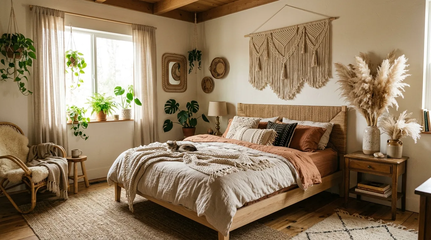 Boho master bedroom with woven textures, macrame, and pampas grass