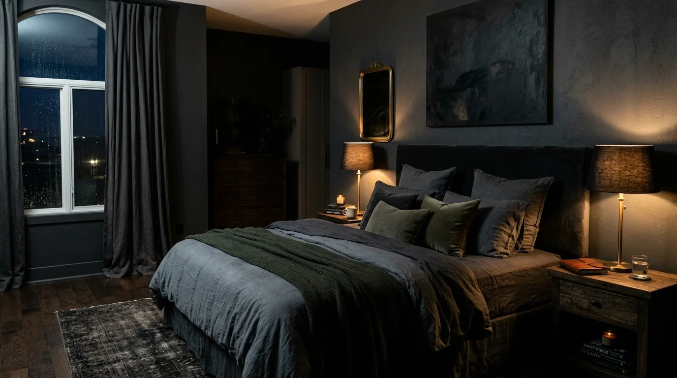 Dark moody master bedroom with deep gray walls and warm lamps