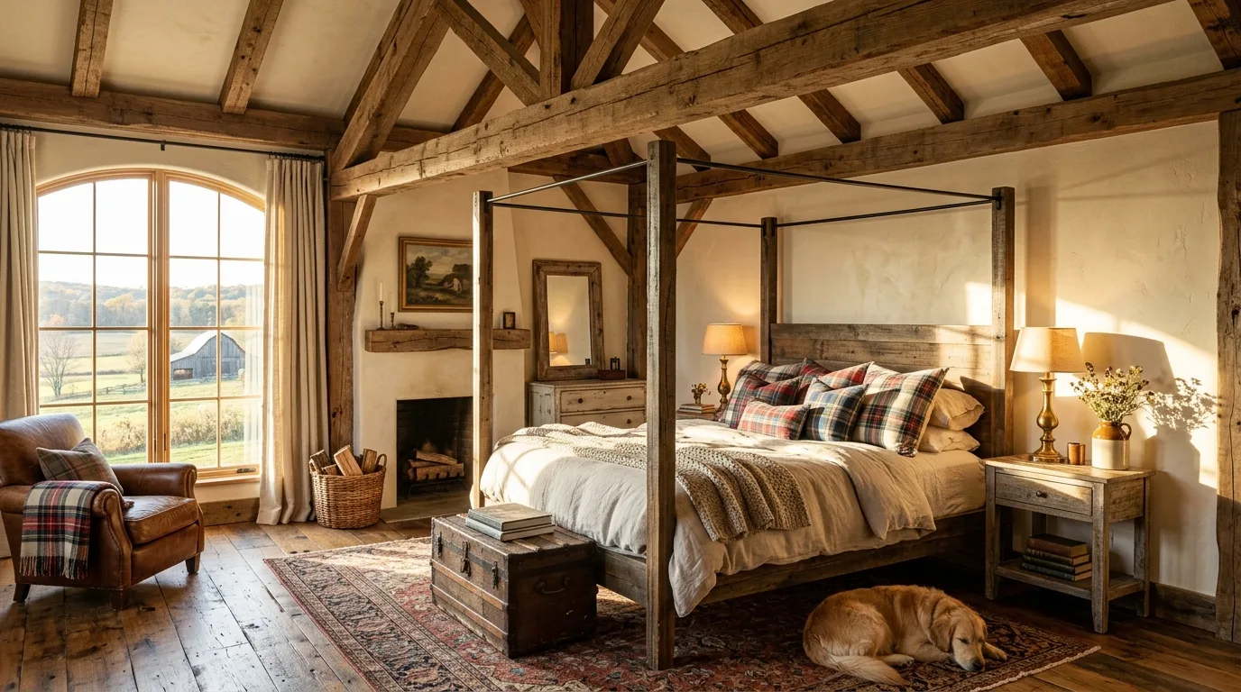Farmhouse master bedroom with wooden beams, rustic nightstands, and plaid bedding