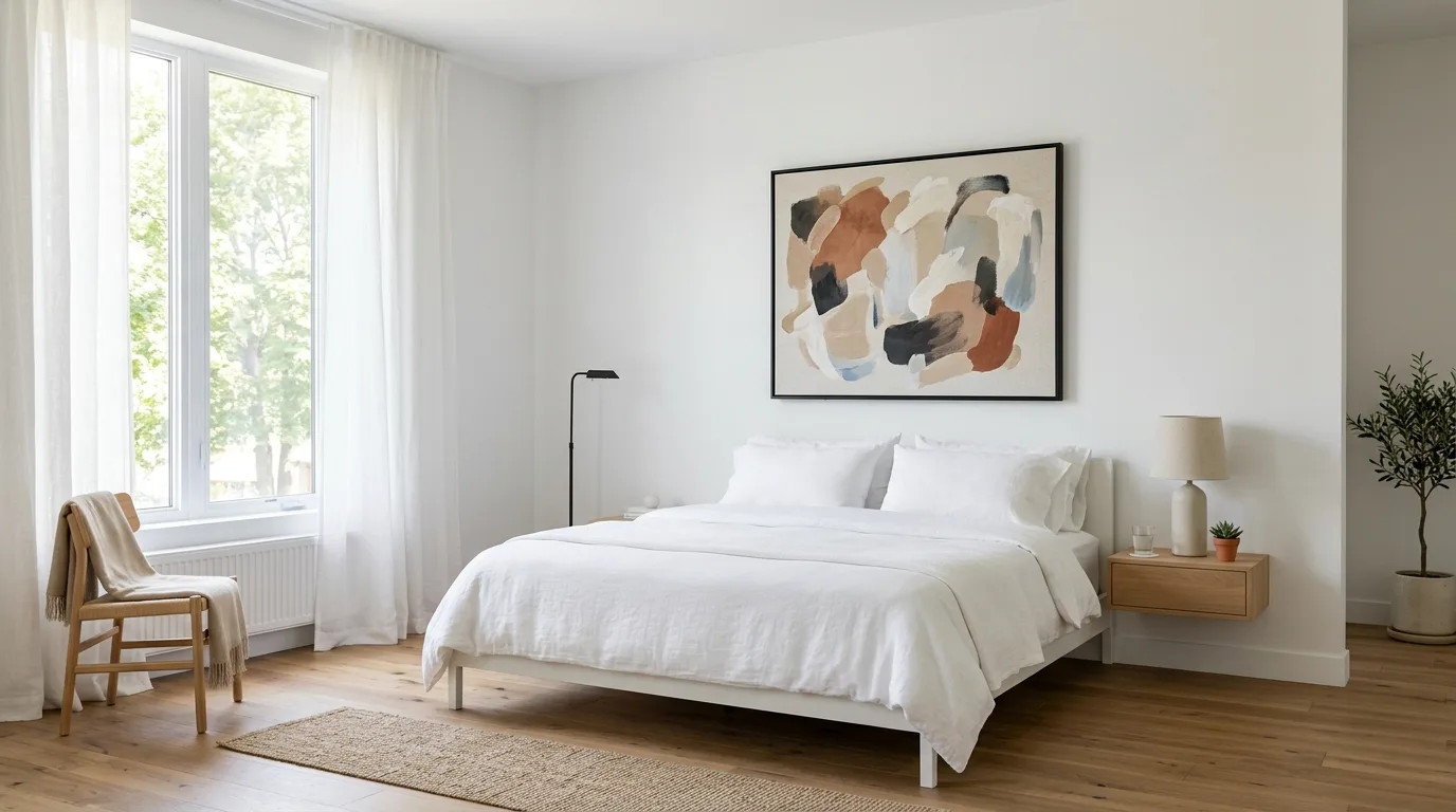 Minimalist master bedroom with neutral tones and single artwork above bed