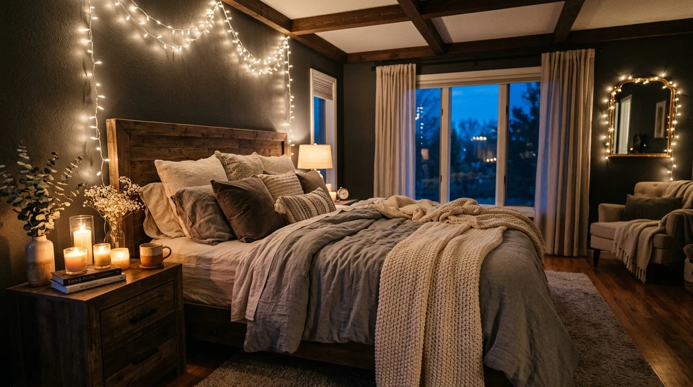 Cozy bedroom with fairy lights, candles, and warm textured bedding