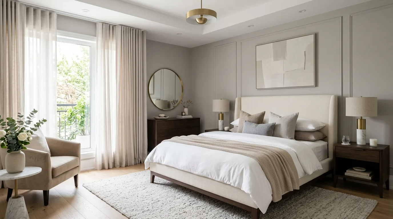 Modern elegant master bedroom with upholstered bed and beige palette