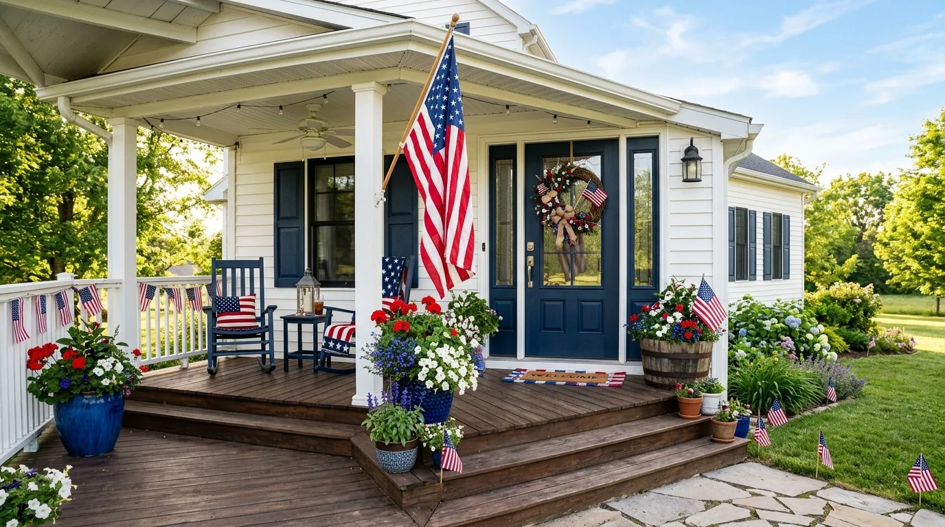 Memorial Day front porch with patriotic wreath, flags, and potted flowers