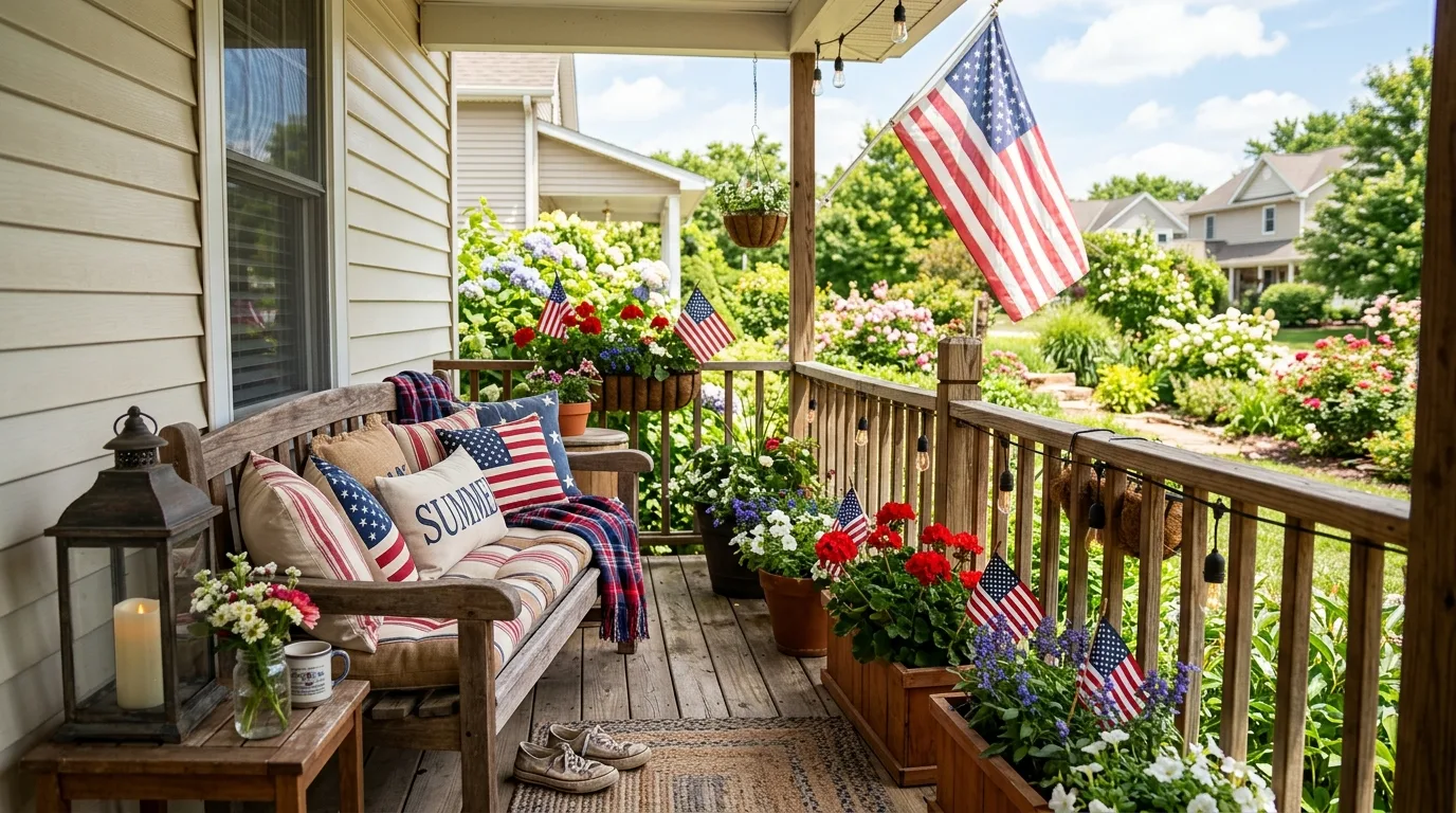 Cozy porch with patriotic cushions, lanterns, and small American flags