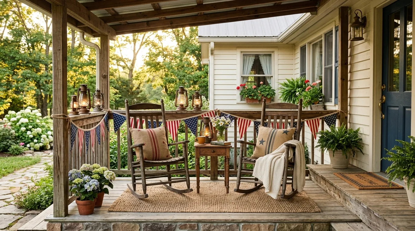 Rustic porch with rocking chairs, bunting, and lanterns for Memorial Day