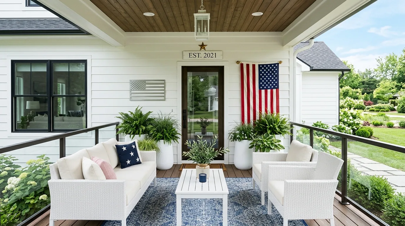 Modern porch with white furniture, subtle patriotic decor, and greenery