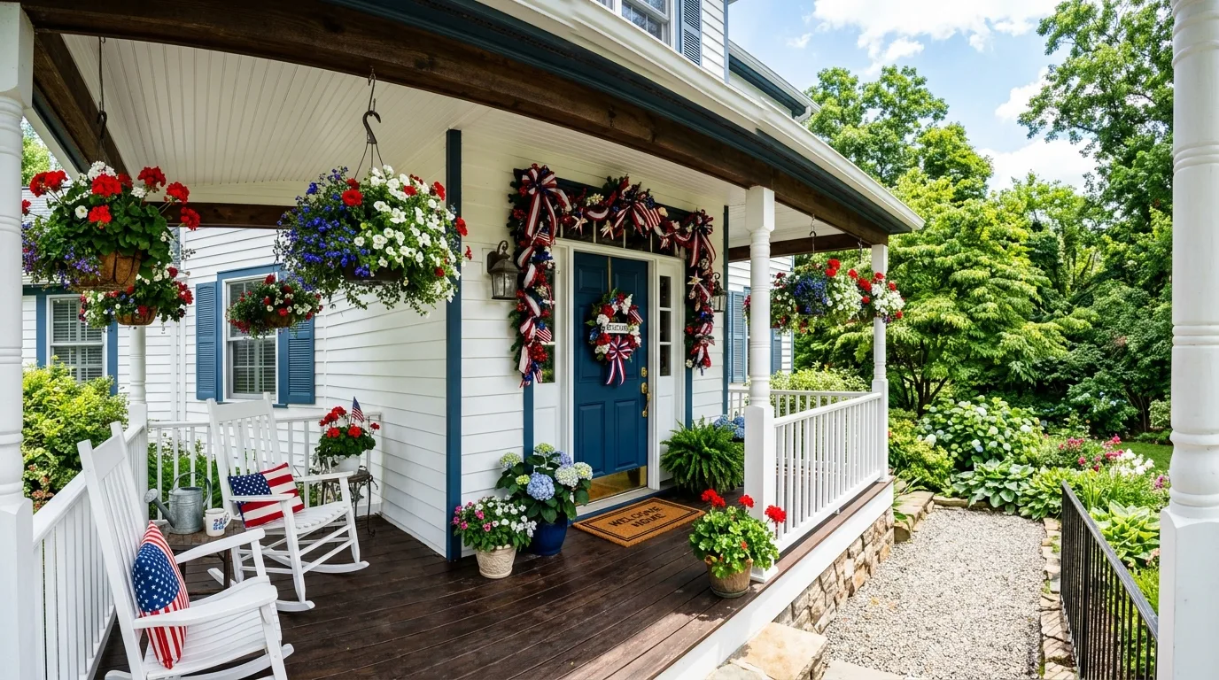 Porch entry with patriotic flower baskets and decorative garland